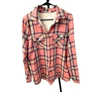 Pink and blue button down  plaid flannel shacket. Size M